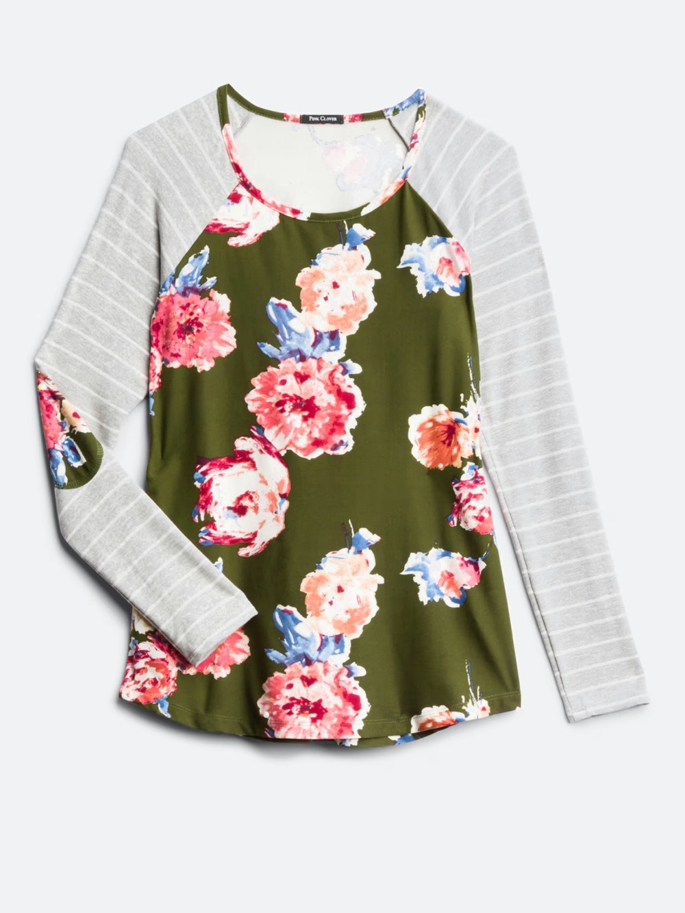 Pink Clover Olive Floral Raglan Sweatshirt with Gray Striped Sleeves
